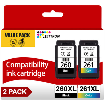 JETTRON PG-260XL/CL-261XL Ink Printer Cartridge, for Canon TS5300/TS5320, Black/Tri-Color, 2 Count