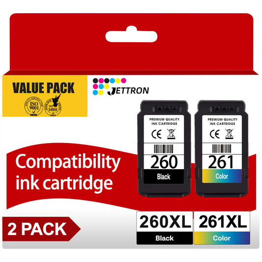 JETTRON PG-260XL/CL-261XL Ink Printer Cartridge, for Canon TS5300/TS5320, Black/Tri-Color, 2 Count