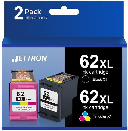 62XL Ink Cartridges for HP 62 Ink for Envy 5540 5640 5660 7644 7645 OfficeJet 5740 8040 Printer (Black, Tri-Color, 2-Pack)