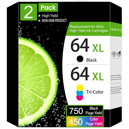 64XL Ink Cartridges Compatible for HP 64 Ink Cartridges HP Ink 64 XL 7858 7855 7155 7255e 7955e（2 Pack)