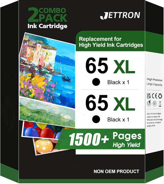 65XL Black Ink Cartridges Compatible for HP 65 65XL Black Ink Cartridge for Envy 5055 5052 5058 Deskjet 3755 3772 3722 3770 (2 Black)