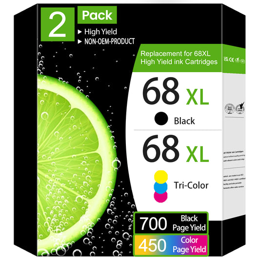 68XL 68e Ink Cartridges Black Color Combo Pack Compatible for HP 68XL Ink Cartridges for HP Ink 68 Black and Tri-Color Works Envy 6100e 6500e Series 2-Pack