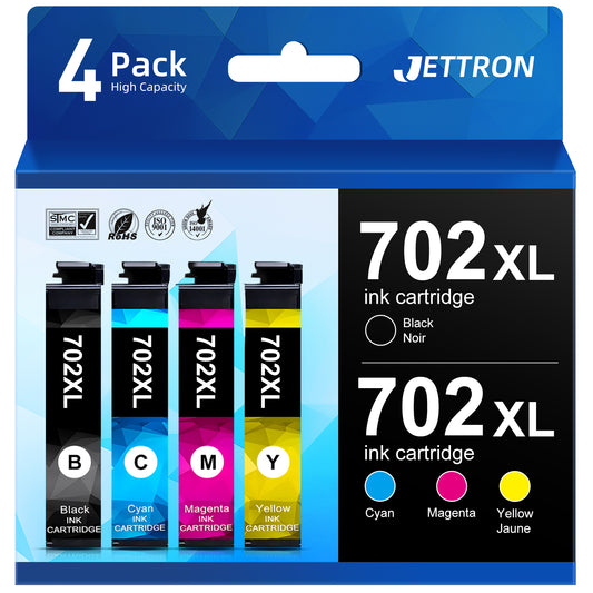 702 XL Ink Cartridge for Epson 702  T702 Ink for Epson Workforce Pro WF-3733 WF-3730 WF-3720 Printer (Black,Cyan,Magenta,Yellow)
